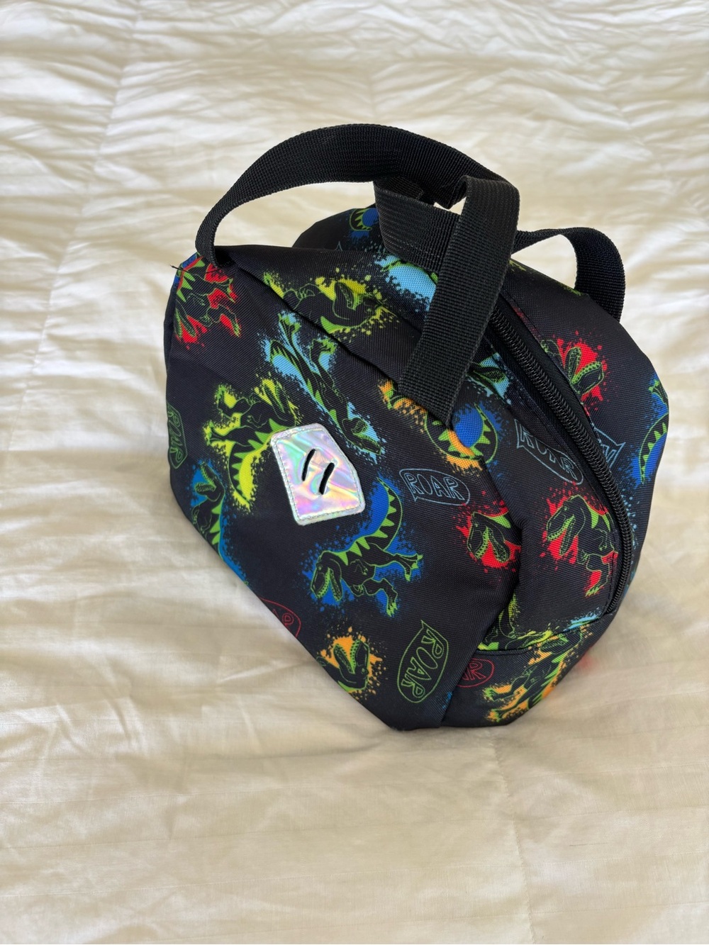 Insulated lunch box zip up cooler bag black dinosaurs